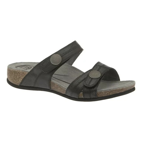 Abeo Barbara Black Leather Sandal Open Toe Slide Slip On Two Strap Flat … - Picture 1 of 8